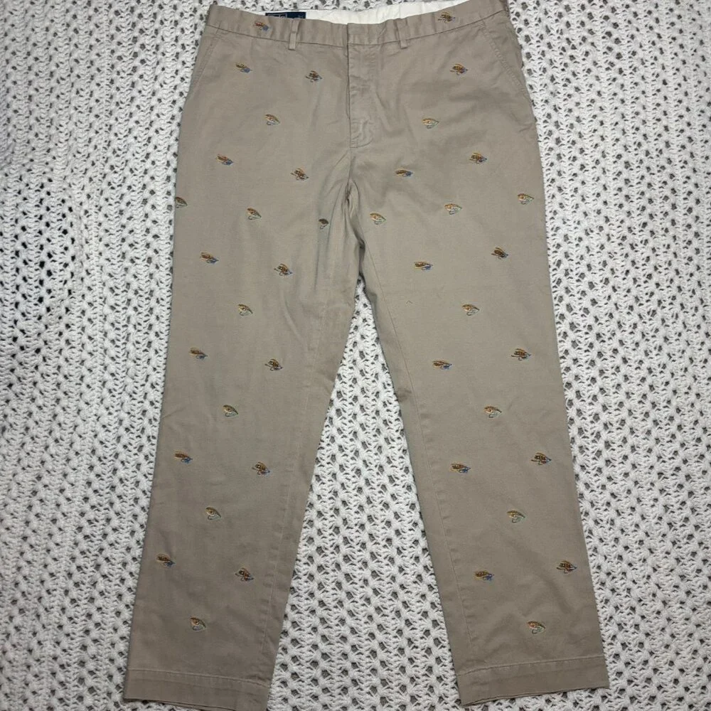 VTG Polo Ralph Lauren Chino Pants Khaki Stretch Flyfish Embroidered Mens Sz 38R‎